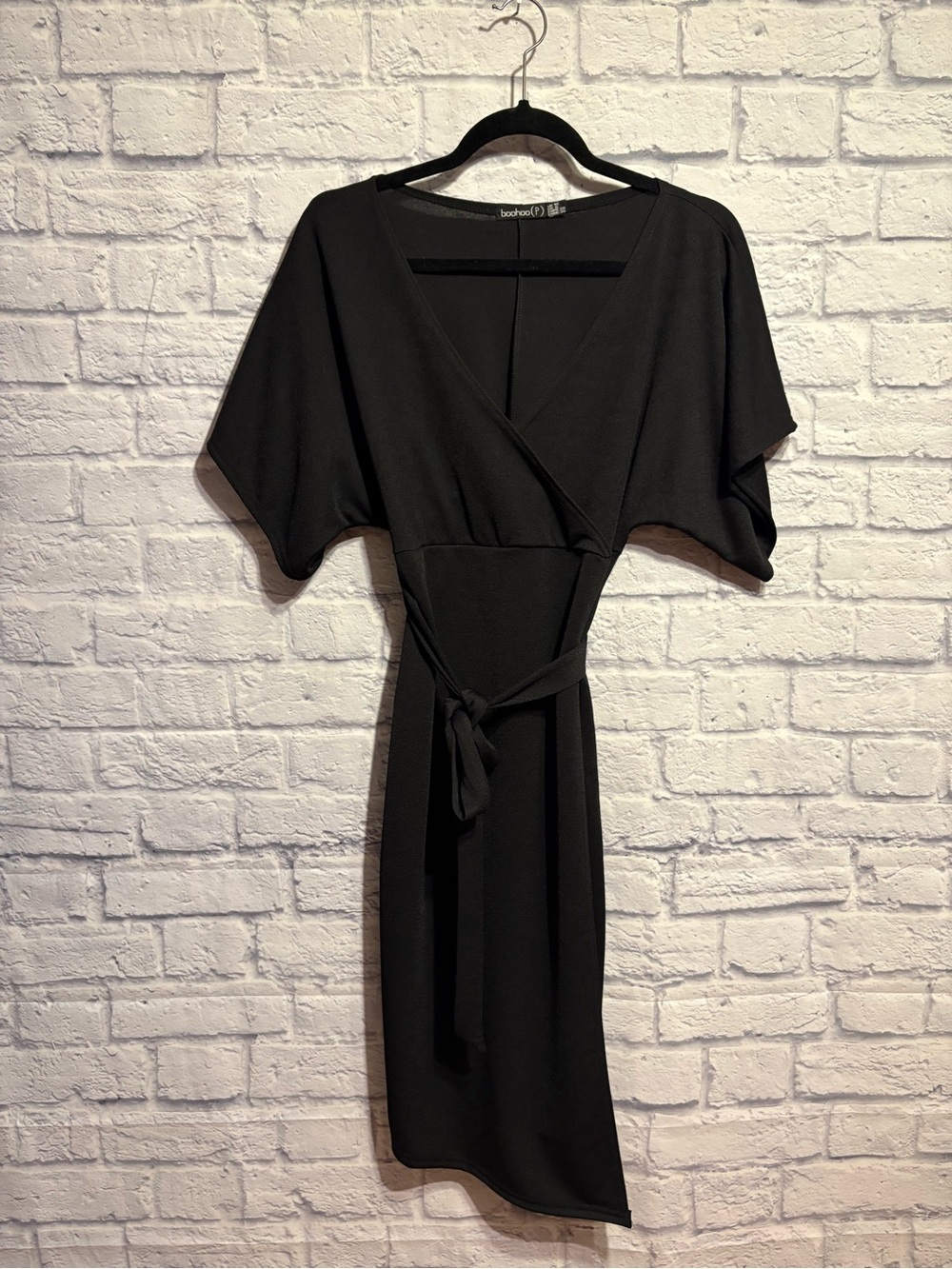 boohoo petite Black Wrap Midi Dress with Tie Waist Size 6 US